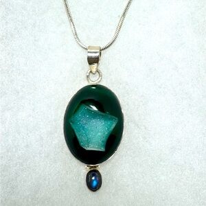 Window druzy, Stunning Green Pendant with Sterling Silver Necklace.